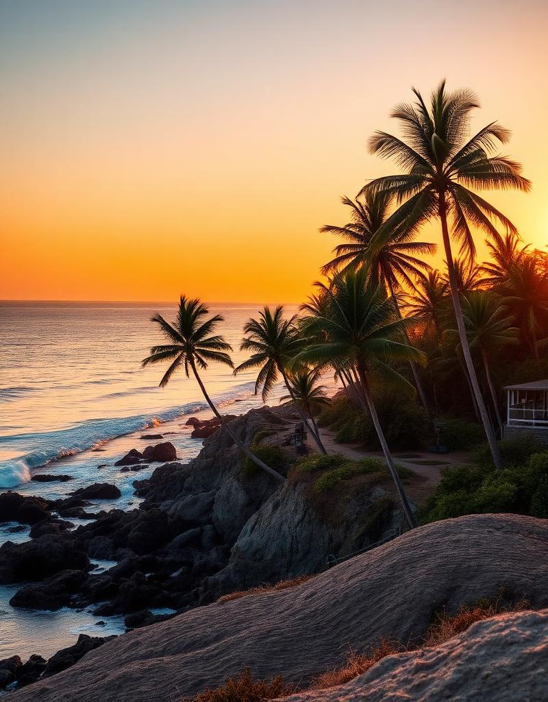 Palm trees along a Southern California coastline at sunset