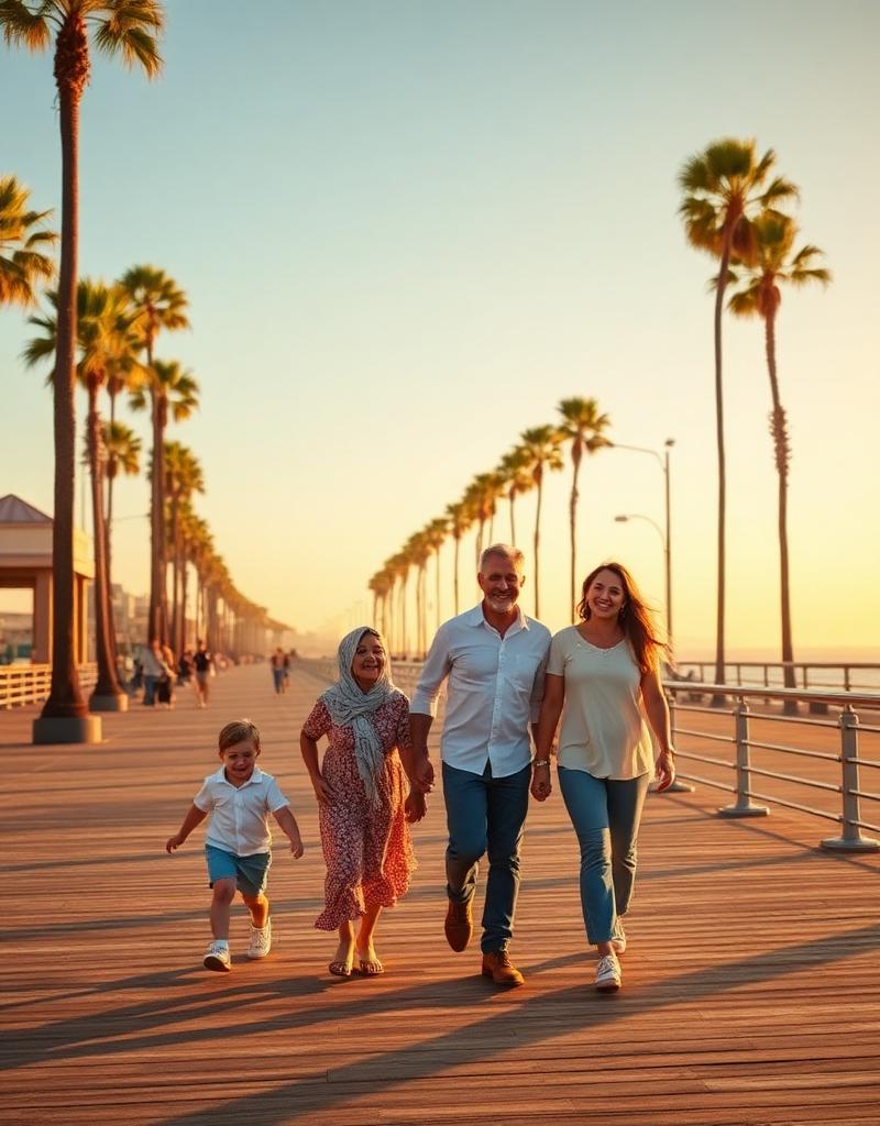 A family walking a Southern California boardwalk at golden hour
